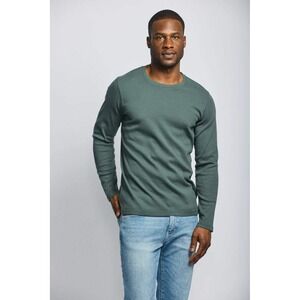 New Easy Mondays Mens Green Long Sleeve Textured Casual Slub Crew Neck Shirt Med